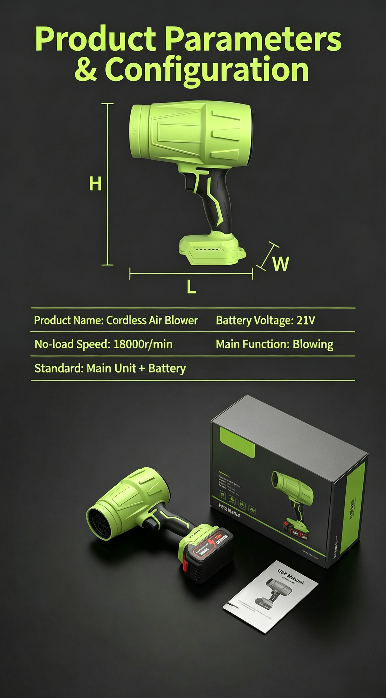 Green Storm Hair Dryer [21V] 1200 Capacity 10 Cells 2 Batteries 1 Charger + Plastic Box