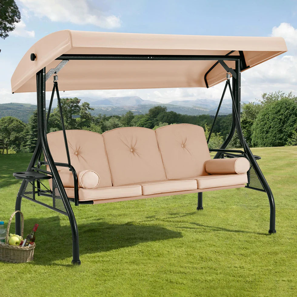 Homrest 3-Seater Outdoor Porch Swing with Stand, Adjustable Canopy & Backrest, Blue