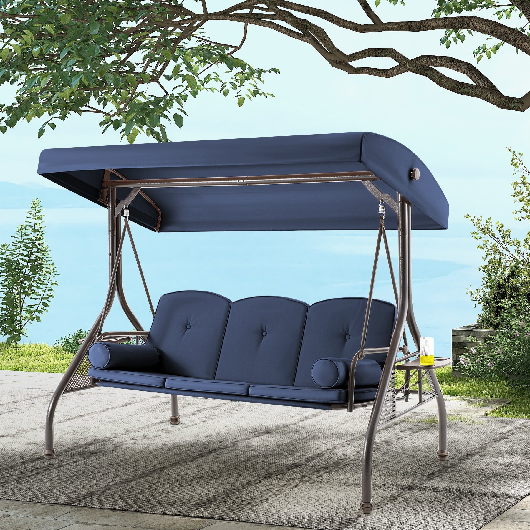 Homrest 3-Seater Outdoor Porch Swing with Stand, Adjustable Canopy & Backrest, Blue