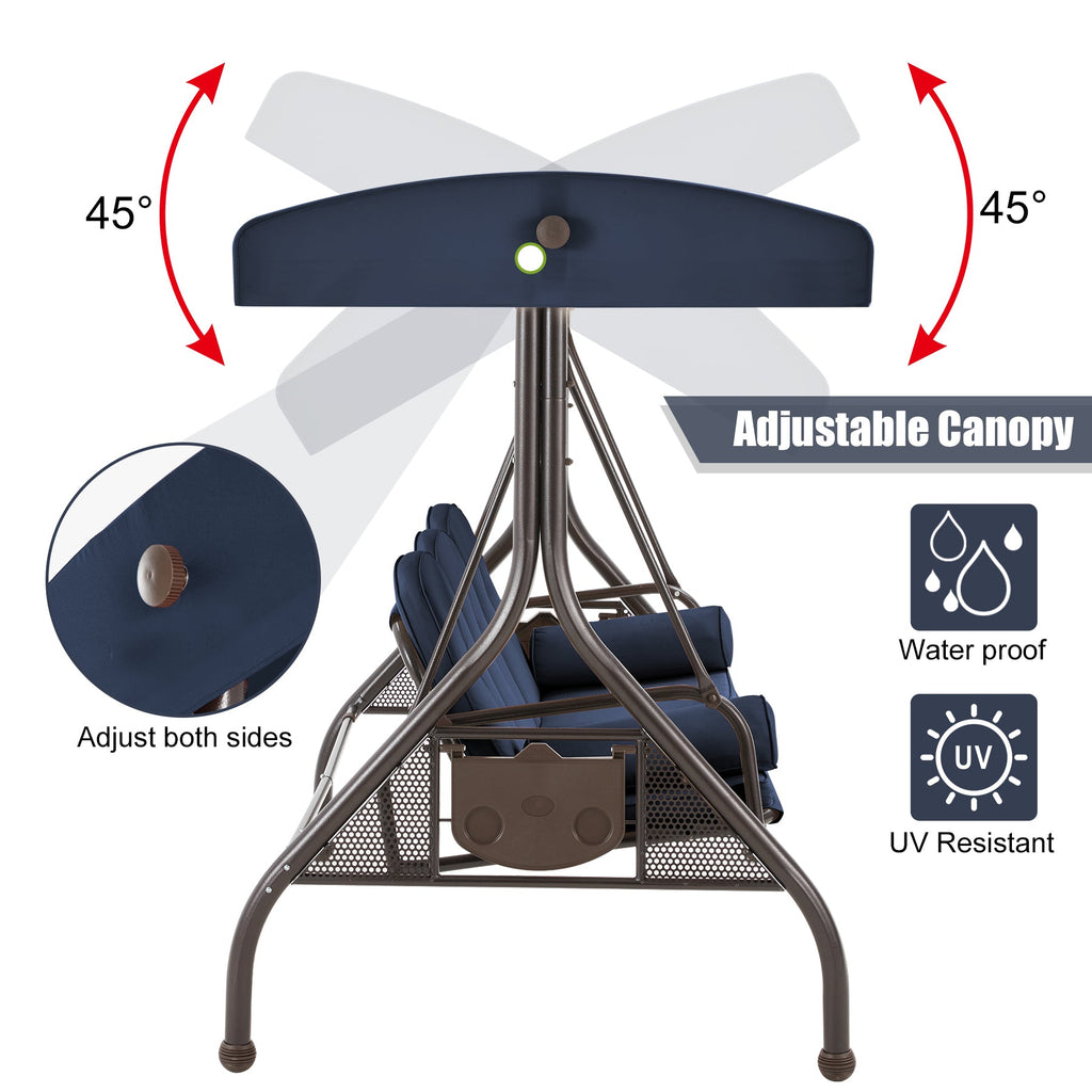 Homrest 3-Seater Outdoor Porch Swing with Stand, Adjustable Canopy & Backrest, Blue