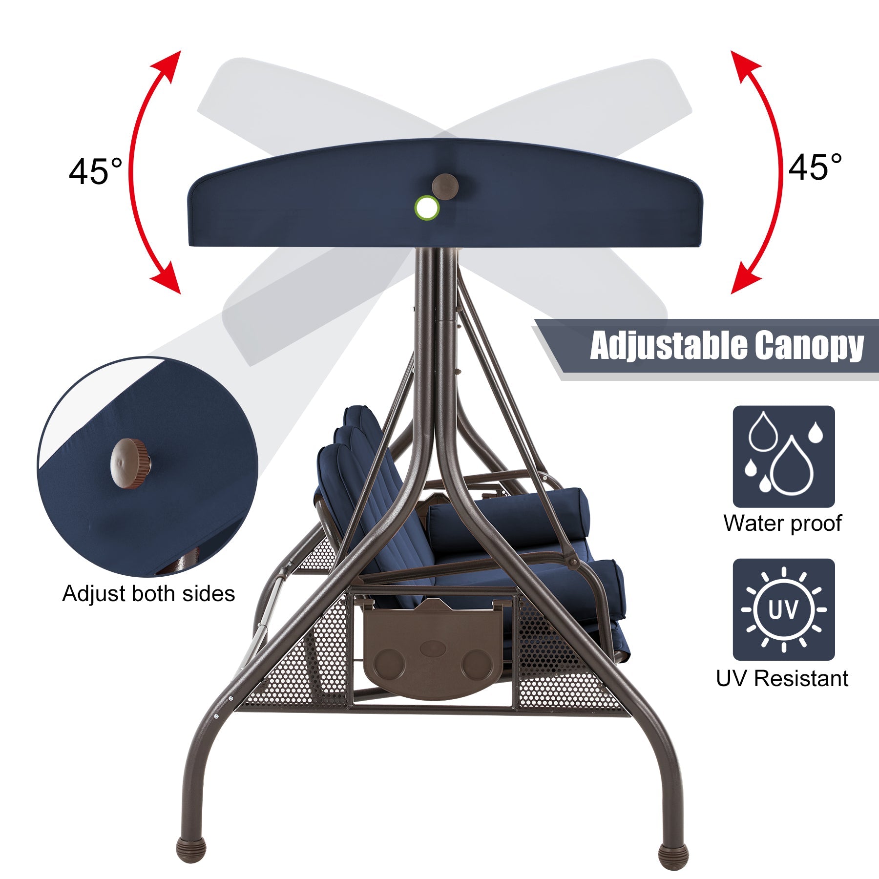Homrest 3-Seater Outdoor Porch Swing with Stand, Adjustable Canopy & Backrest, Blue