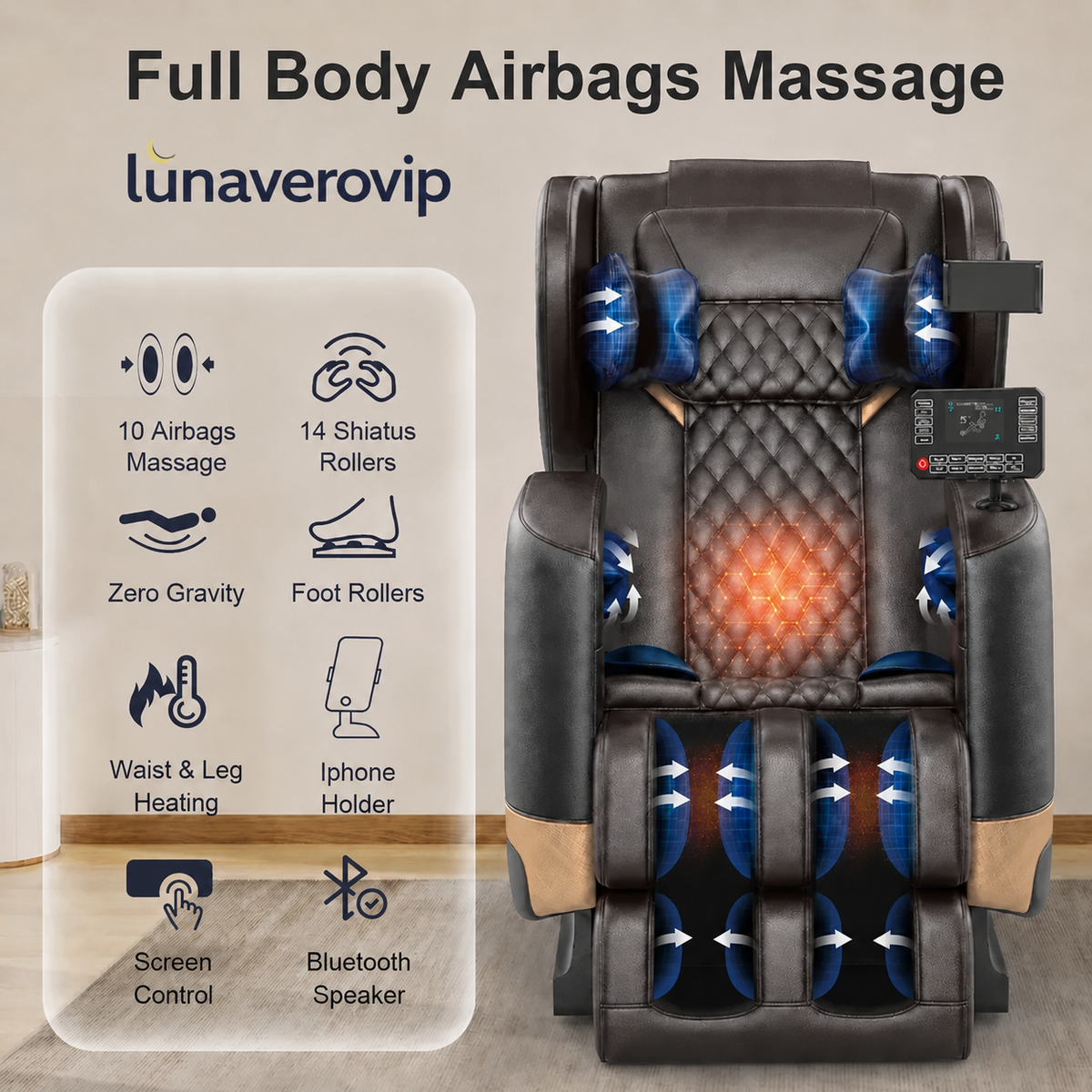 Zero Gravity Full-Body Massage Chair – 14 Shiatsu Rollers, Heat, Foot Massage & Bluetooth