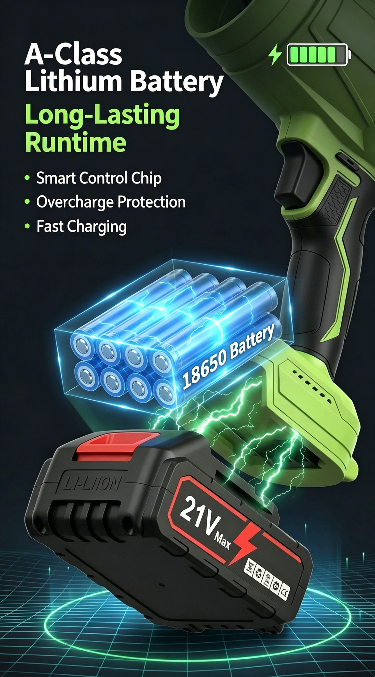 Green Storm Hair Dryer [21V] 1200 Capacity 10 Cells 2 Batteries 1 Charger + Plastic Box