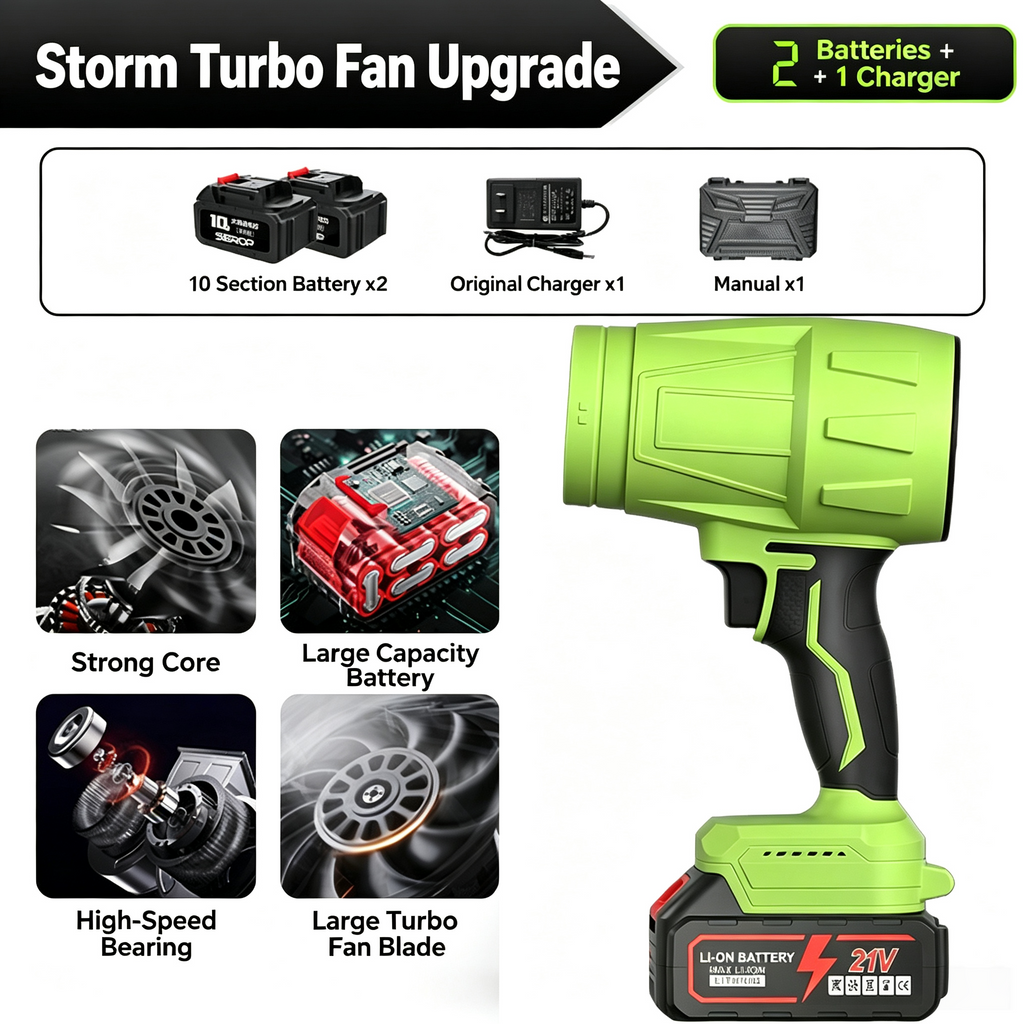 Green Storm Hair Dryer [21V] 1200 Capacity 10 Cells 2 Batteries 1 Charger + Plastic Box