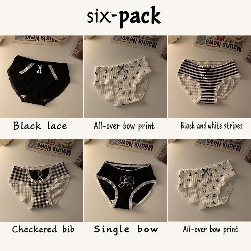 Sweet Teen Girls Underwear Pack, Black White Plaid Stripe Bow Briefs, Breathable Cotton Crotch