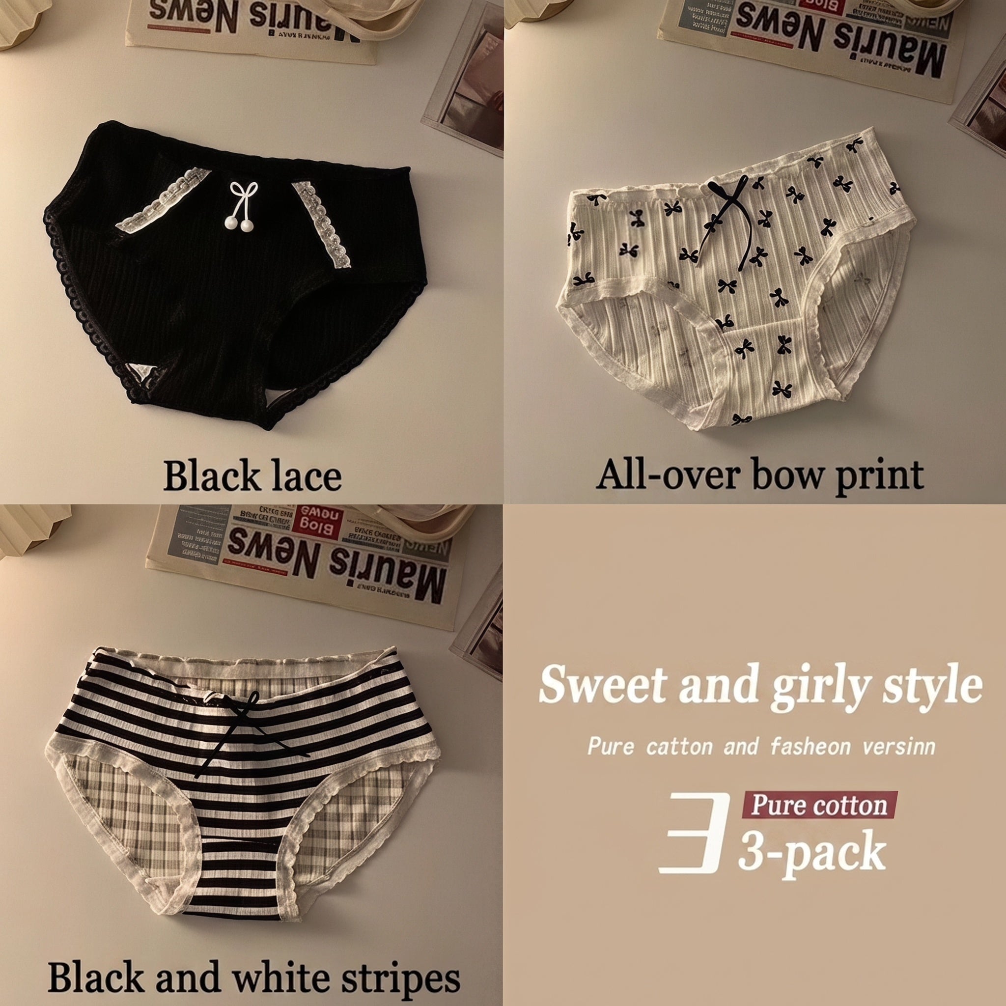 Sweet Teen Girls Underwear Pack, Black White Plaid Stripe Bow Briefs, Breathable Cotton Crotch