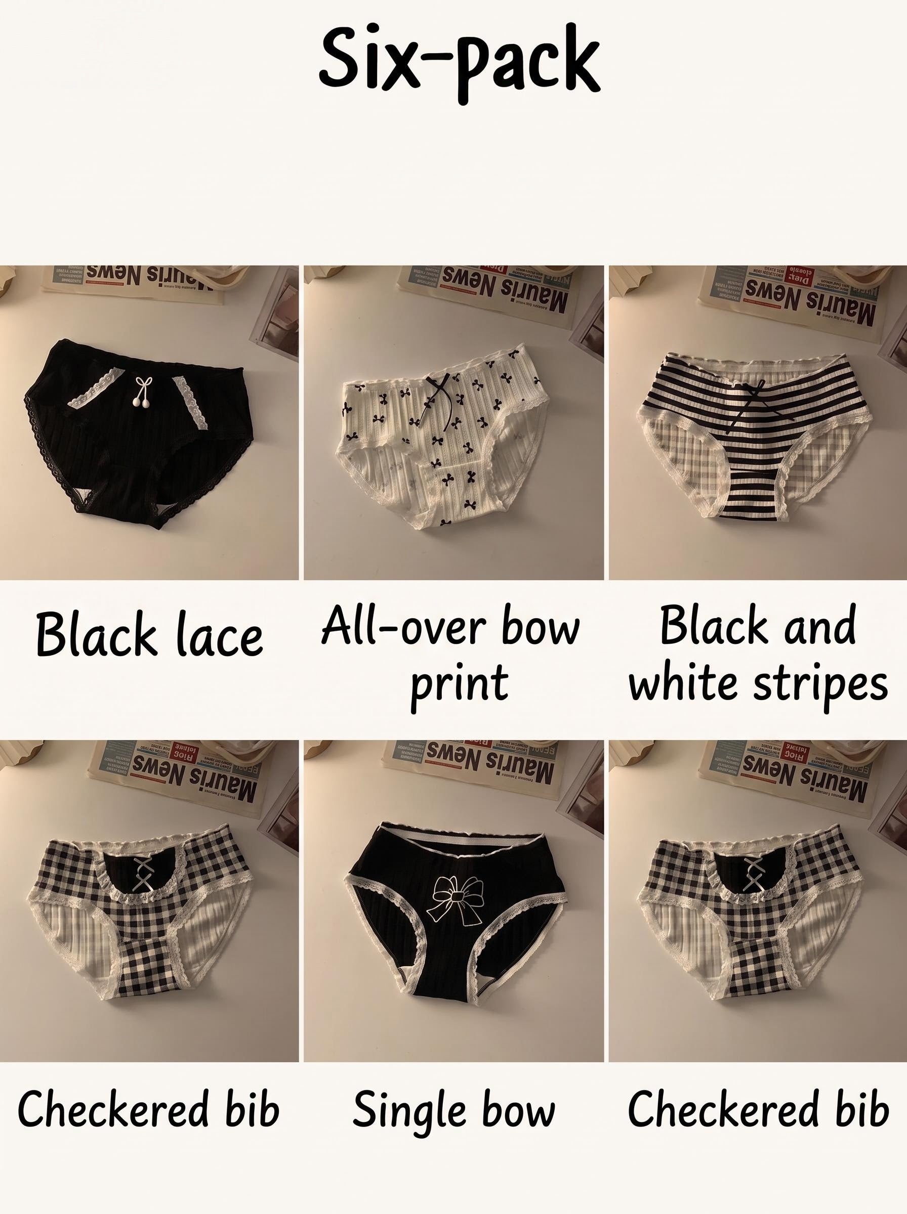 Sweet Teen Girls Underwear Pack, Black White Plaid Stripe Bow Briefs, Breathable Cotton Crotch