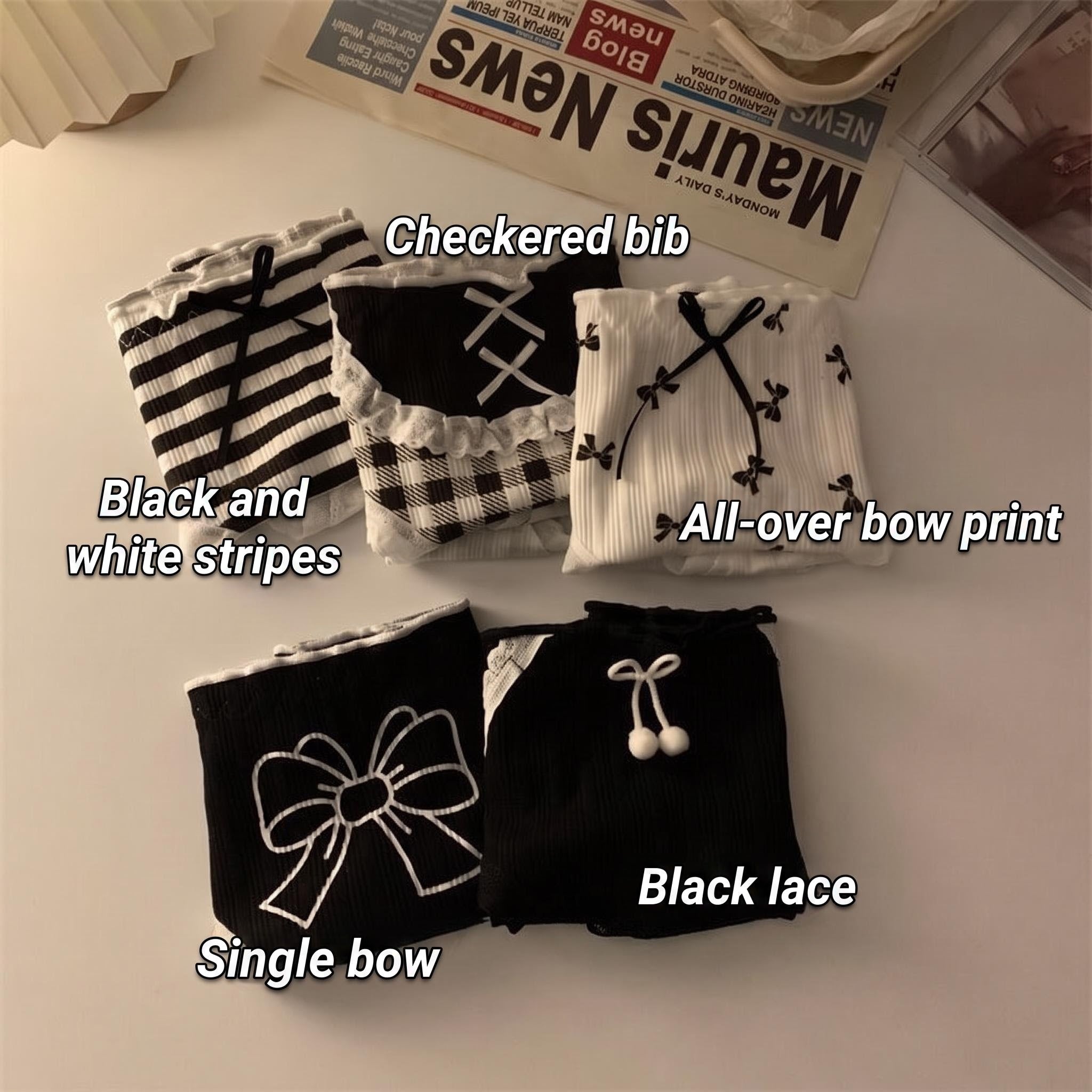 Sweet Teen Girls Underwear Pack, Black White Plaid Stripe Bow Briefs, Breathable Cotton Crotch
