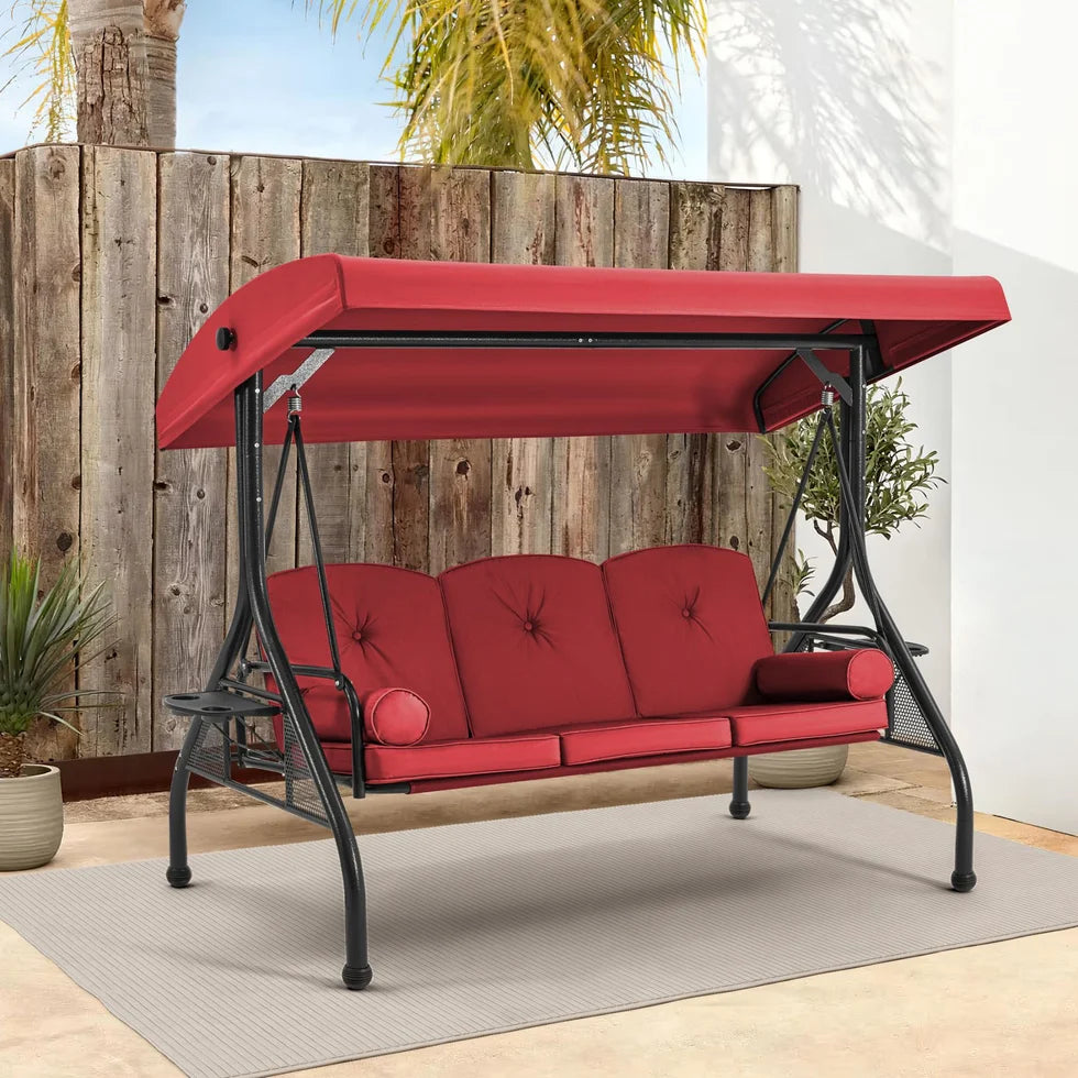 3-Seater Outdoor Porch Swing with Stand, Adjustable Canopy & Backrest, Blue