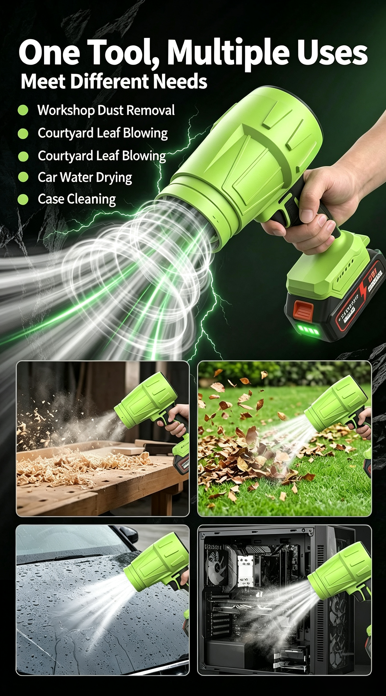 Green Storm Hair Dryer [21V] 1200 Capacity 10 Cells 2 Batteries 1 Charger + Plastic Box