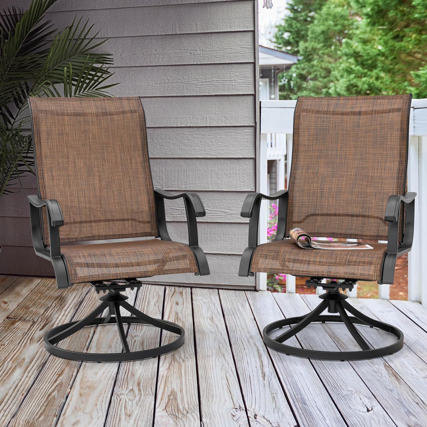 NUU GARDEN Patio Swivel Chair Set of 4, Outdoor Swivel Rocker Dining Chairs with All-Weather Textilene High Back and Metal Frame for Backyard Deck Lawn Garden, Brown