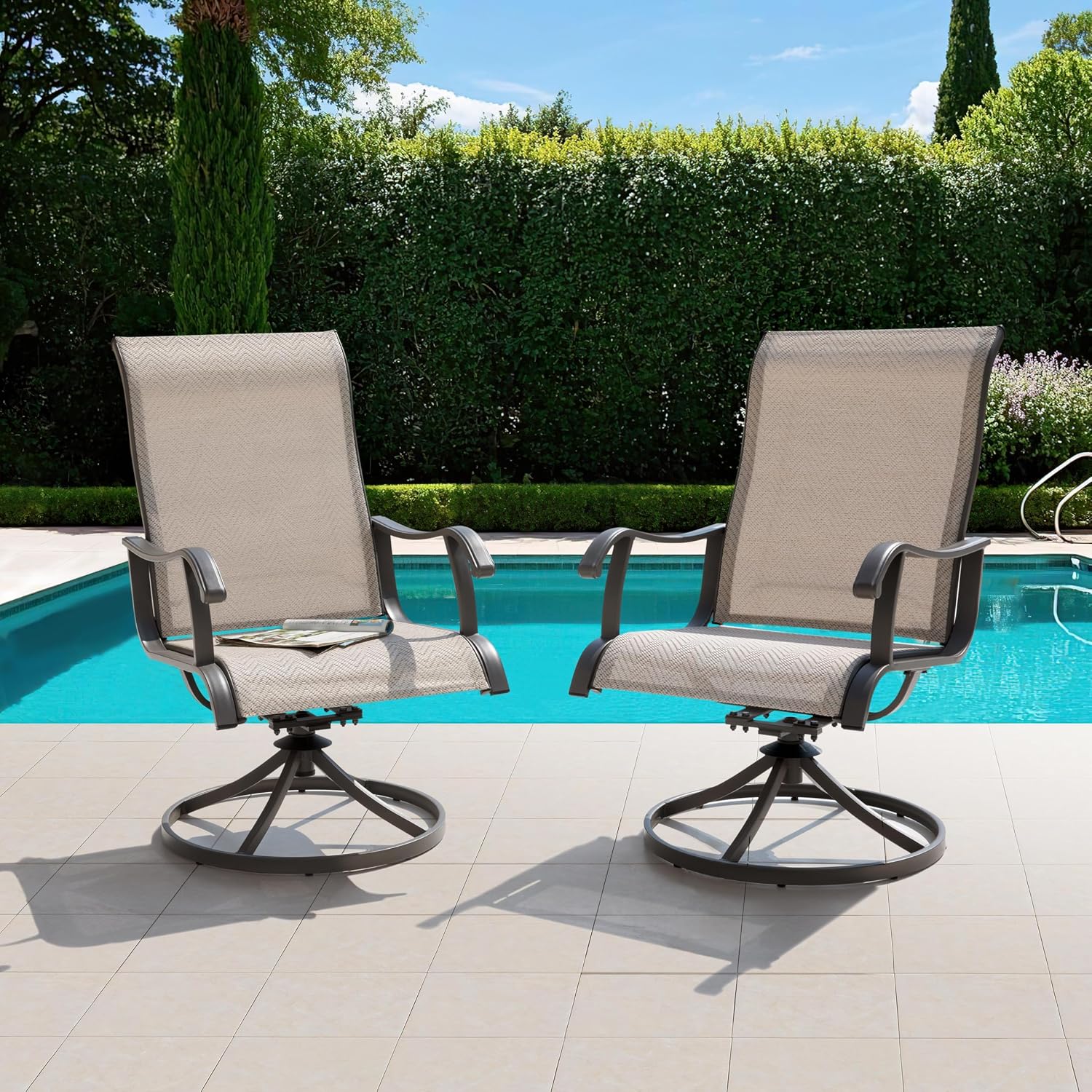 NUU GARDEN Patio Swivel Chair Set of 4, Outdoor Swivel Rocker Dining Chairs with All-Weather Textilene High Back and Metal Frame for Backyard Deck Lawn Garden, Brown