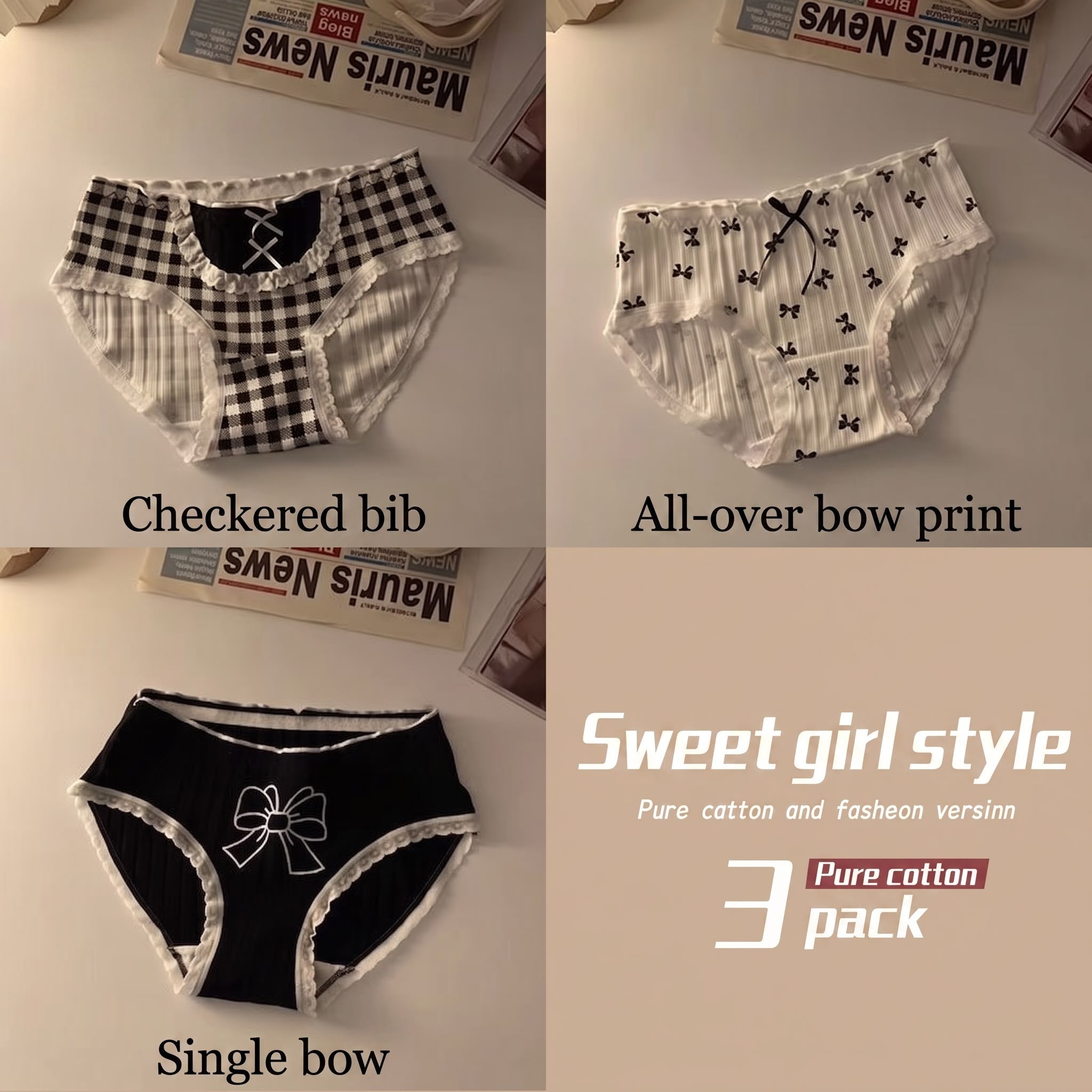 Sweet Teen Girls Underwear Pack, Black White Plaid Stripe Bow Briefs, Breathable Cotton Crotch