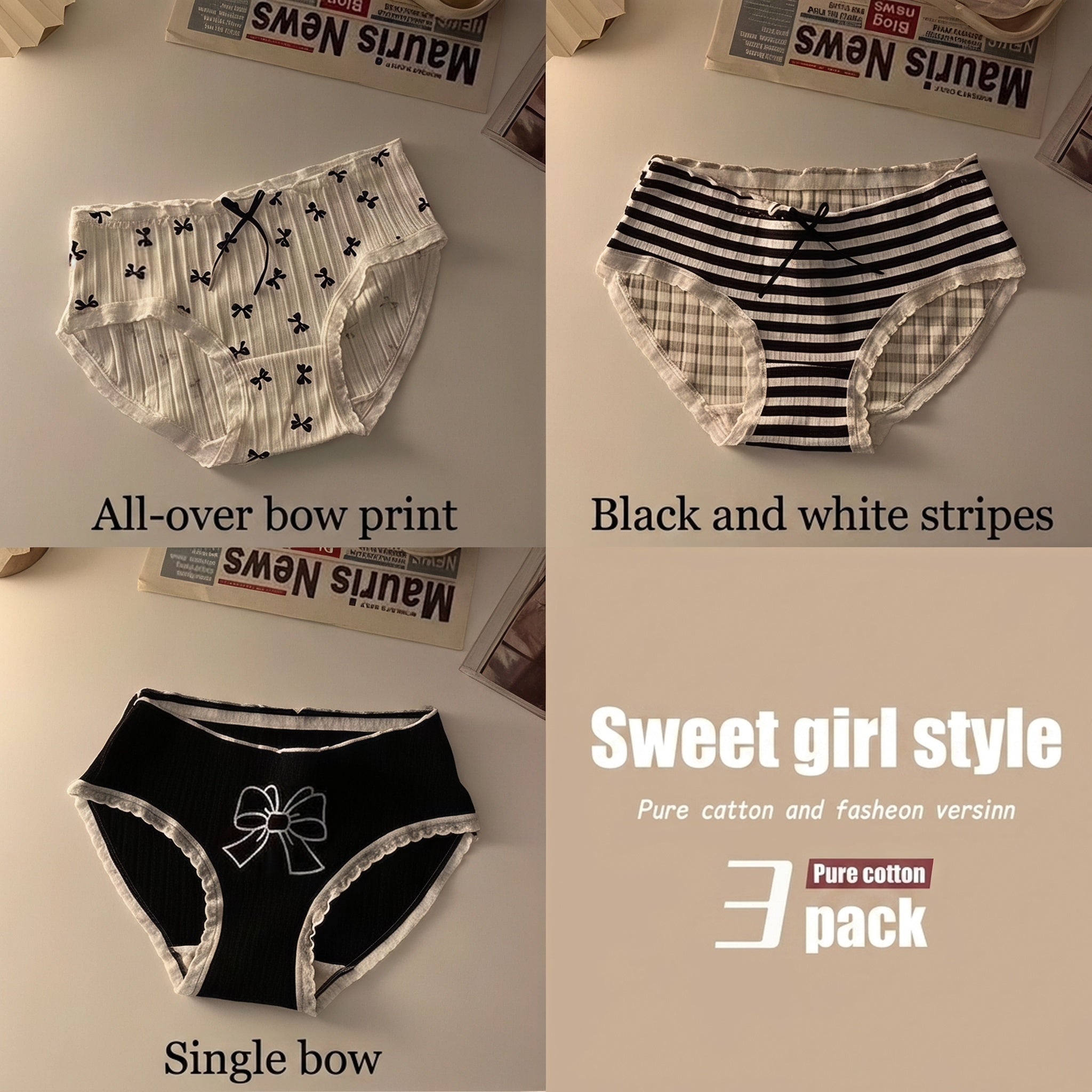 Sweet Teen Girls Underwear Pack, Black White Plaid Stripe Bow Briefs, Breathable Cotton Crotch