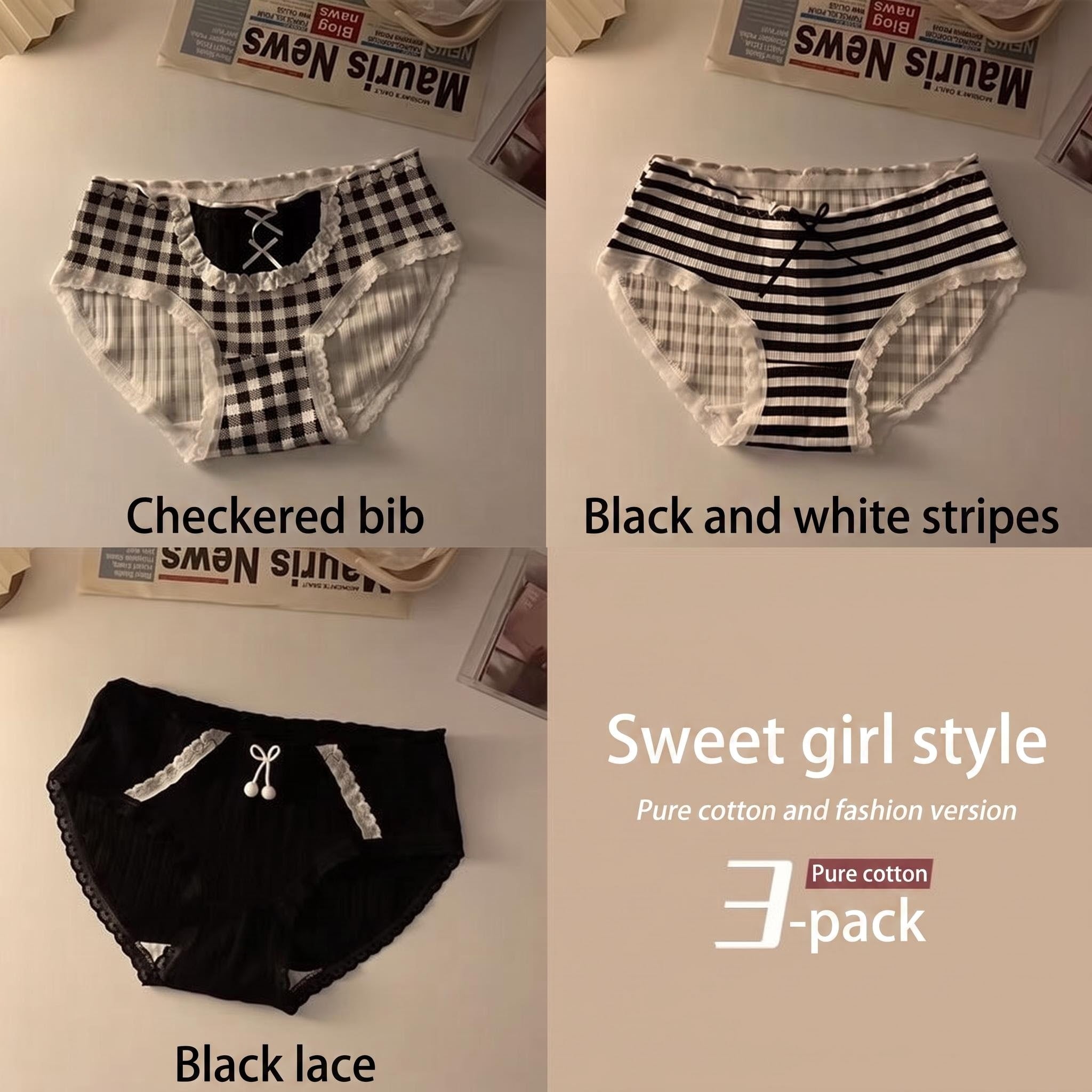 Sweet Teen Girls Underwear Pack, Black White Plaid Stripe Bow Briefs, Breathable Cotton Crotch
