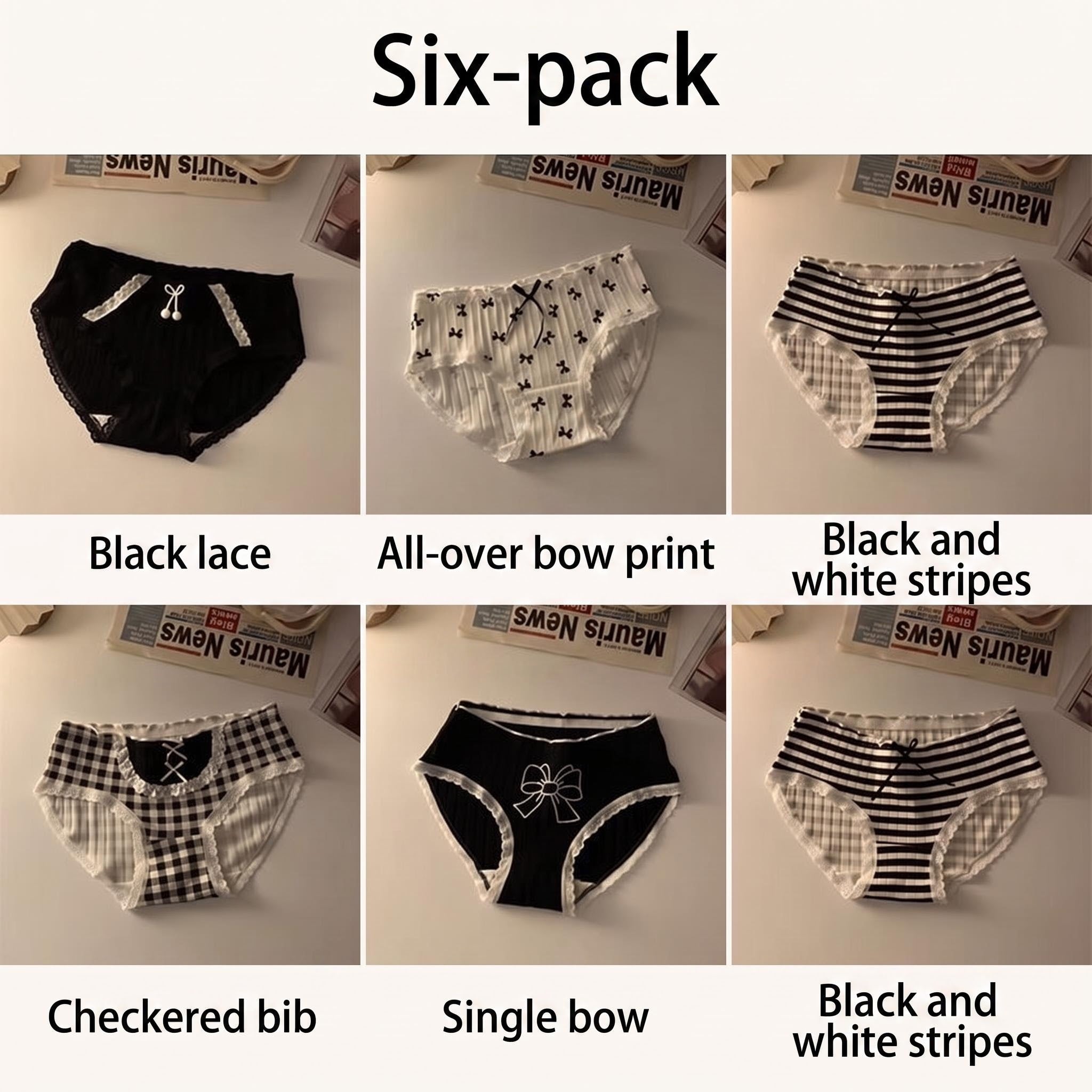 Sweet Teen Girls Underwear Pack, Black White Plaid Stripe Bow Briefs, Breathable Cotton Crotch