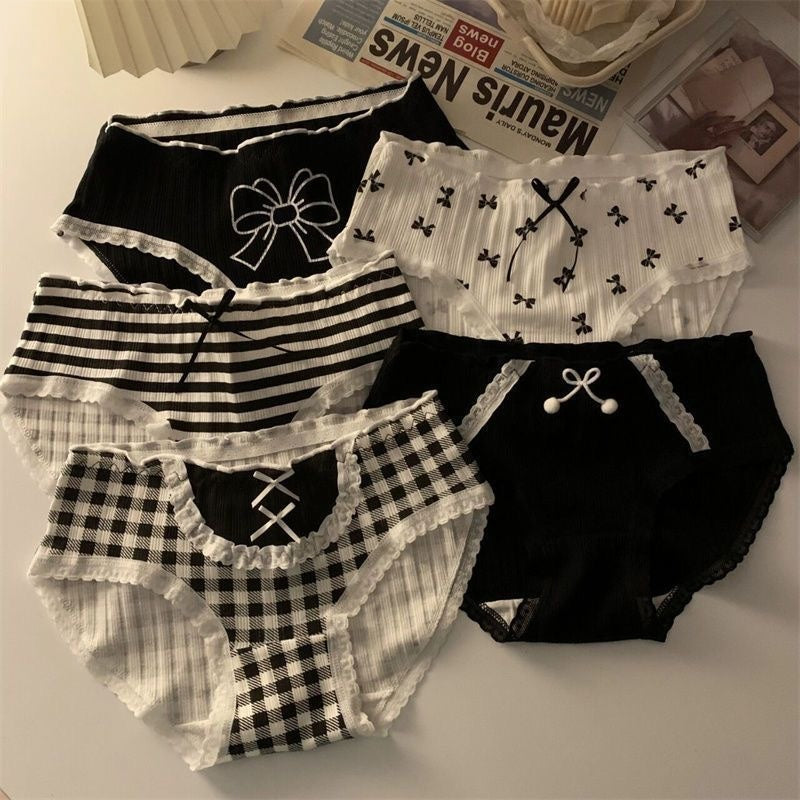 Sweet Teen Girls Underwear Pack, Black White Plaid Stripe Bow Briefs, Breathable Cotton Crotch