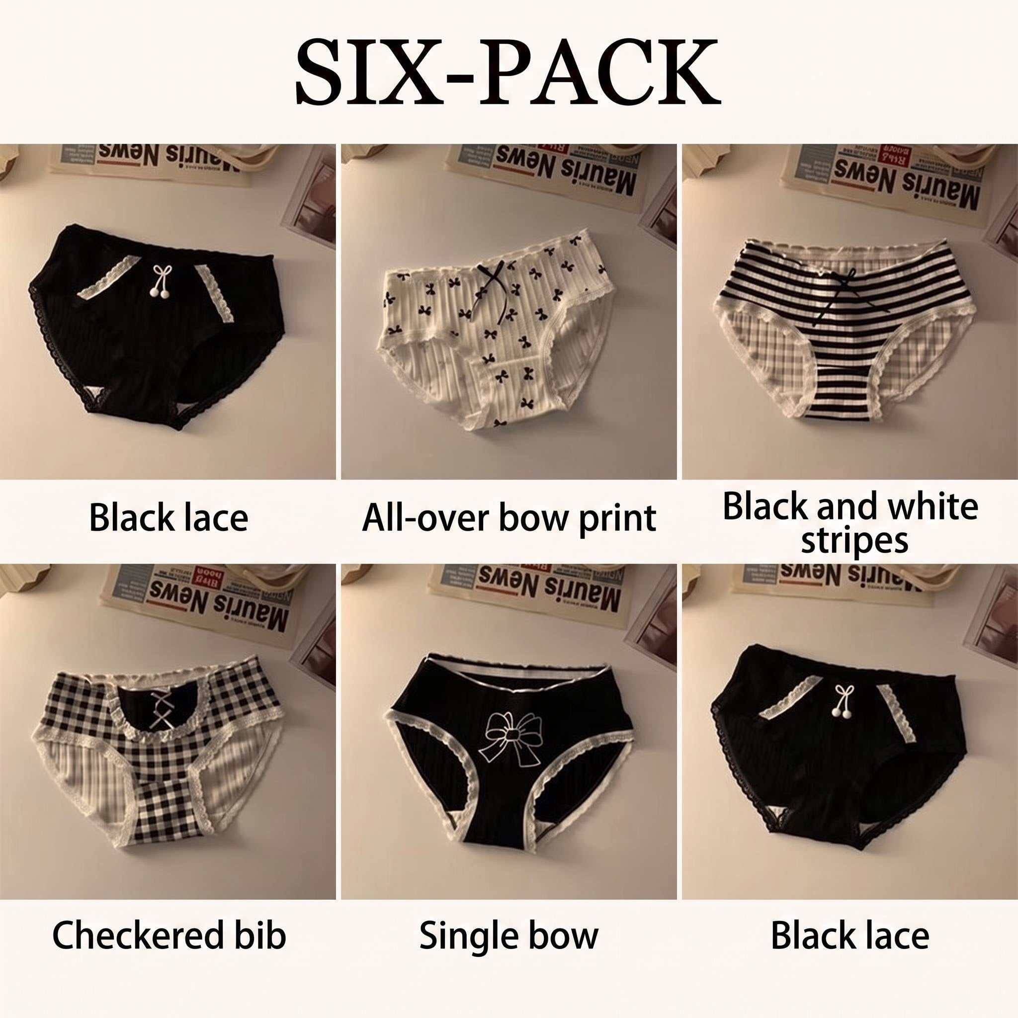 Sweet Teen Girls Underwear Pack, Black White Plaid Stripe Bow Briefs, Breathable Cotton Crotch