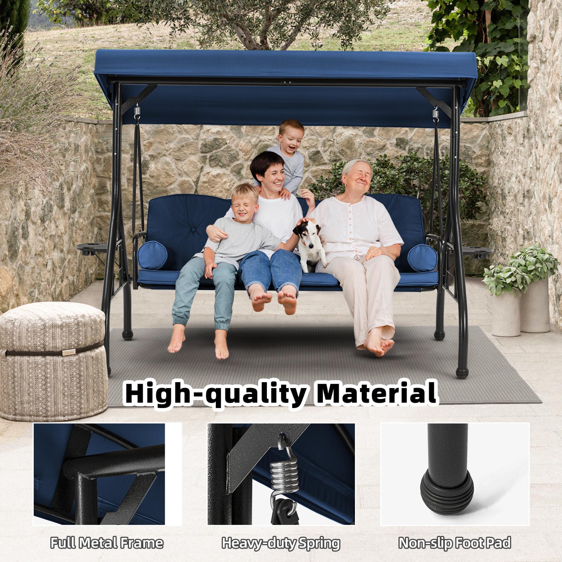 Homrest 3-Seater Outdoor Porch Swing with Stand, Adjustable Canopy & Backrest, Blue