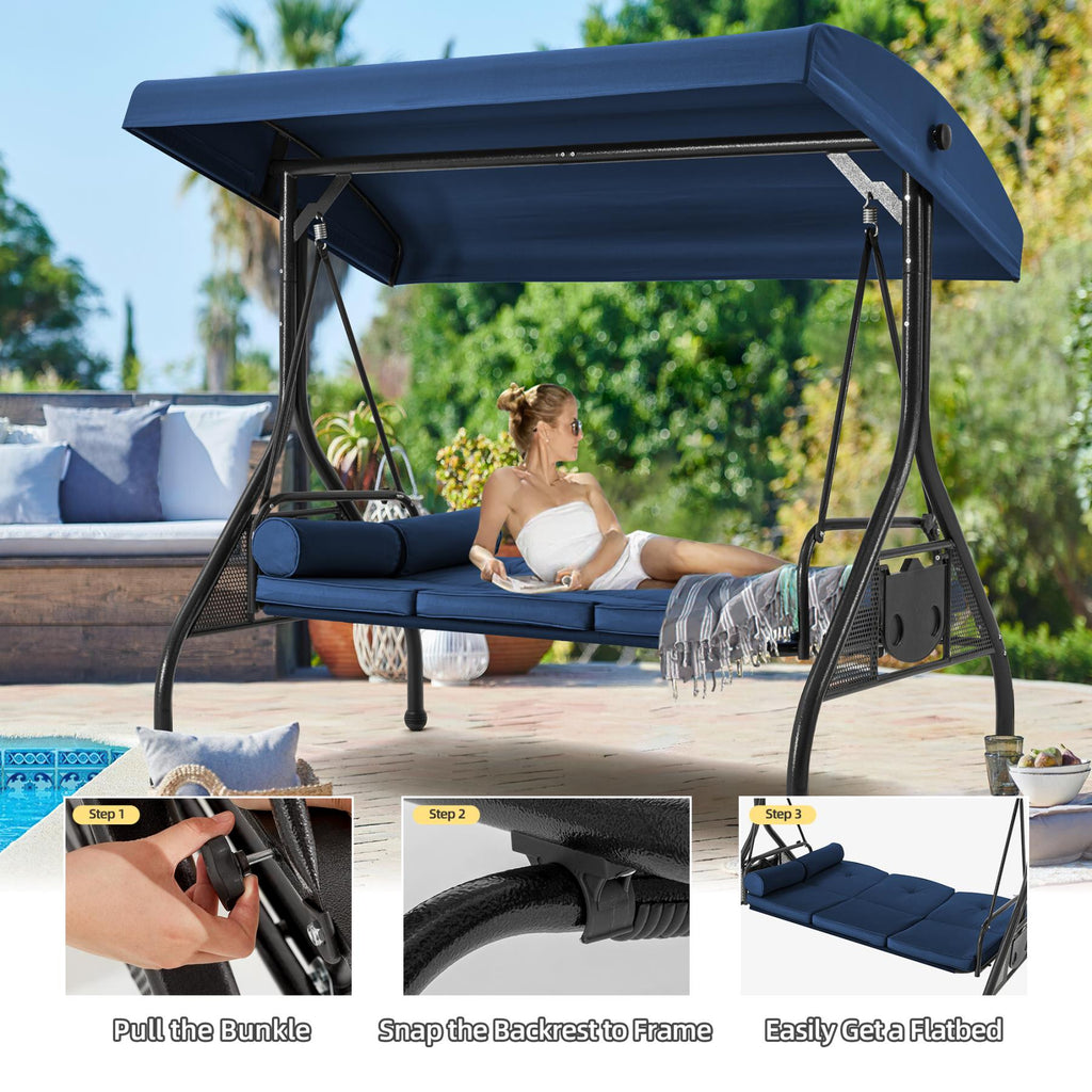 Homrest 3-Seater Outdoor Porch Swing with Stand, Adjustable Canopy & Backrest, Blue