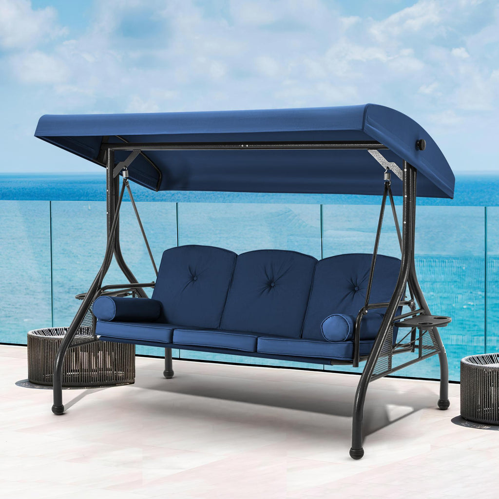 Homrest 3-Seater Outdoor Porch Swing with Stand, Adjustable Canopy & Backrest, Blue
