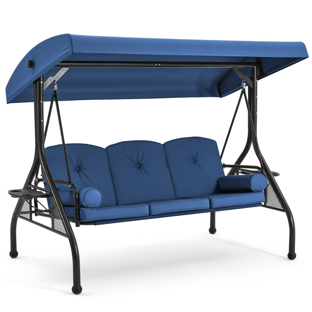 Homrest 3-Seater Outdoor Porch Swing with Stand, Adjustable Canopy & Backrest, Blue