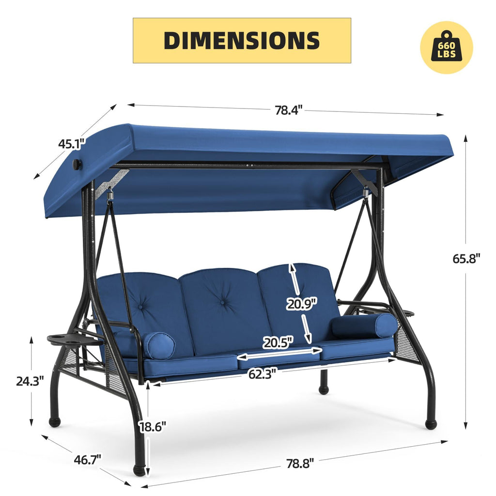 Homrest 3-Seater Outdoor Porch Swing with Stand, Adjustable Canopy & Backrest, Blue